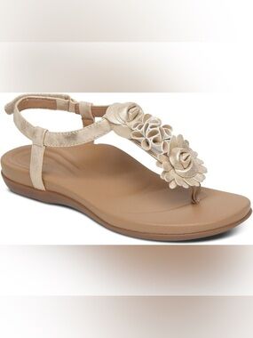 Aetrex Charli Orthopedic Faux Leather Floral Design gold tone sandals size 8.5